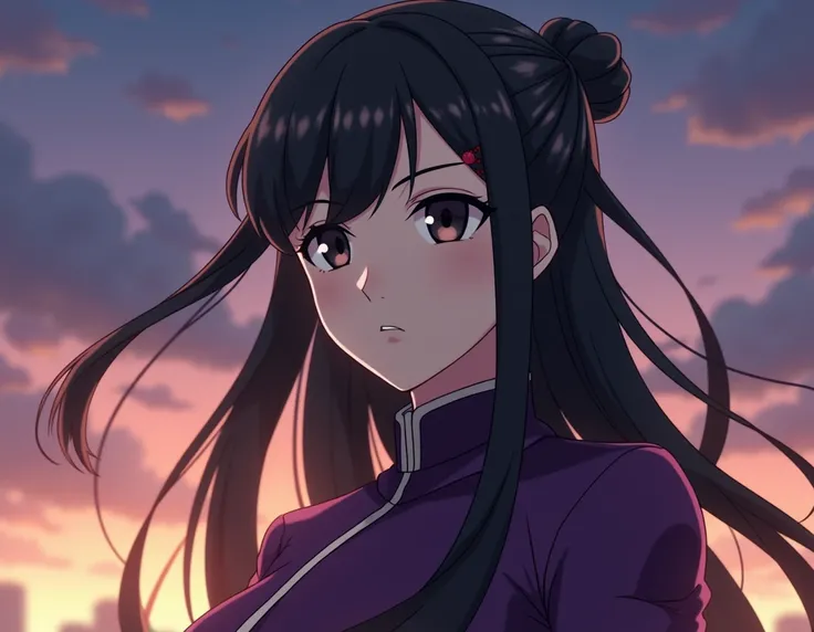 An anime-style character with long, jet-black hair elegantly tied into a neat bun, with a single, flowing side fringe framing her determined face. Her sharp black eyes gleam with courage and resolve, giving her an aura of strength and confidence. She wears...