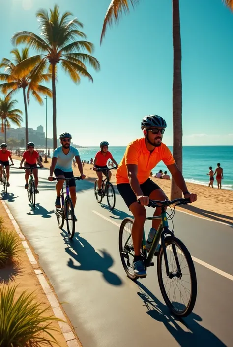 Create a photo of the Ponta Negra waterfront Natal RN with several cyclists as if it were for a quality of life advertisement