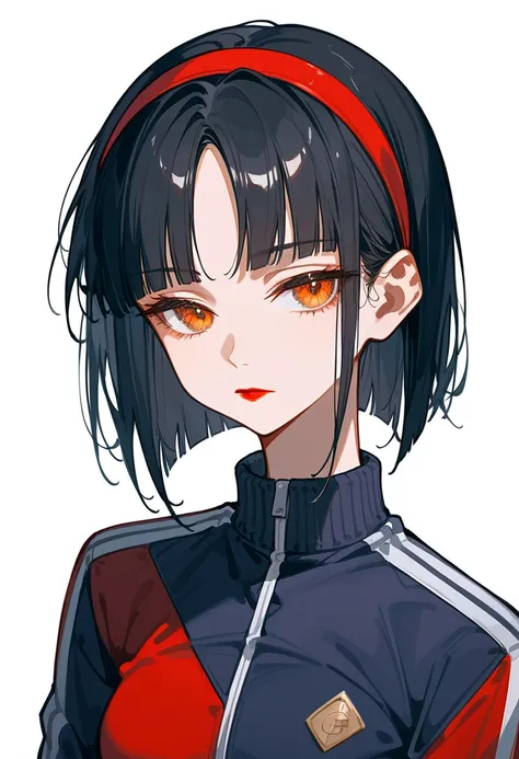 Artwork, back view, single woman, alone, tracksuit, red, dark black hair, short blunt bangs, long side parted bangs, red headband, gold and orange eyes, half closed eyes, light red lipstick, expressionless, fair complexion, small breasts, upper body, long ...