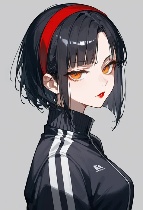 Artwork, back view, single woman, alone, tracksuit, red, dark black hair, short blunt bangs, long side parted bangs, red headband, gold and orange eyes, half closed eyes, light red lipstick, expressionless, fair complexion, small breasts, upper body, long ...