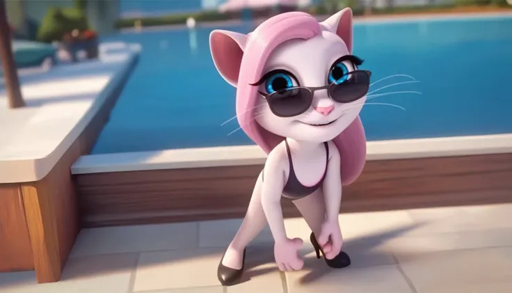 solo focus, a_la, 1girl, cat, white fur, long whiskers on both sides of the face, big bright blue eyes, big black eyelashes, pink nose, long legs, long hair, pink hair, triangular ears with pink channels, black high heels, wear black bikini , black sunglas...