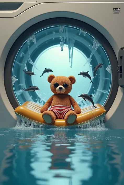  Realistic 3D image 
In the washing drum of a Miele washing machine, there is a water scene with a teddy bear wearing cool swimming trunks,  lying on the belly of an air mattress . Dolphins swim around the bear .  Water runs down the machine like a waterfa...