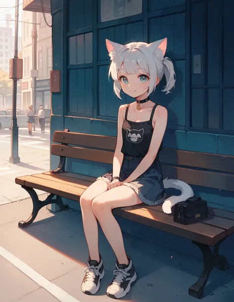 (Masterpiece), (best quality), (high quality), Anime, perfection, dark street, 1girl, sitting on bench, cat girl, young, cute girl, choker, best quality shadows, highest resolution, 4k