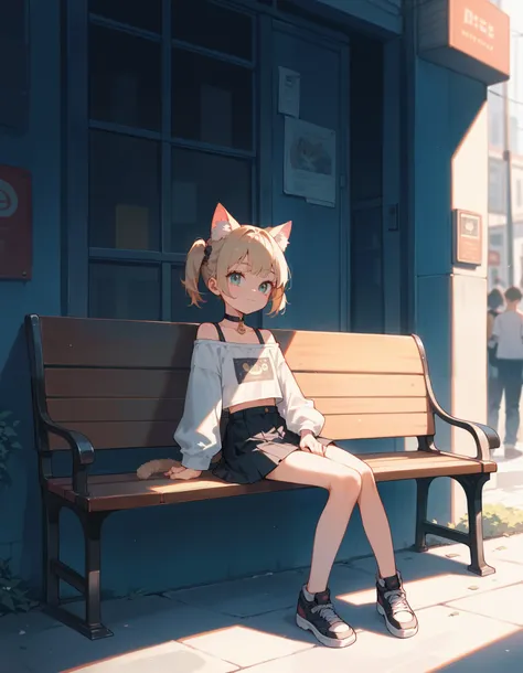 (Masterpiece), (best quality), (high quality), Anime, perfection, dark street, 1girl, sitting on bench, cat girl, young, cute girl, choker, best quality shadows, highest resolution, 4k