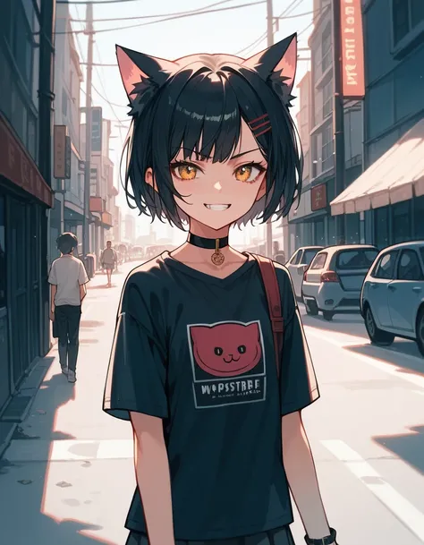 (Masterpiece), (best quality), (high quality), Anime, perfection, dark street, focus on girl, 1girl, cat girl, young, cute girl, evil smirk, choker, best quality shadows, highest resolution, 4k