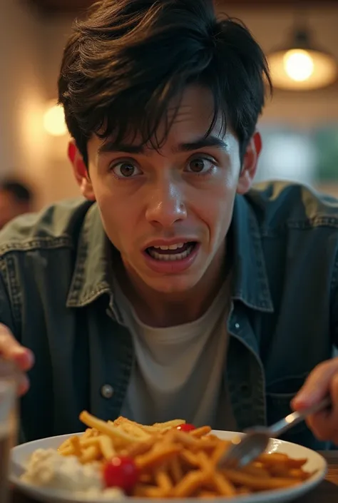 Young man having lunch with a scared face
