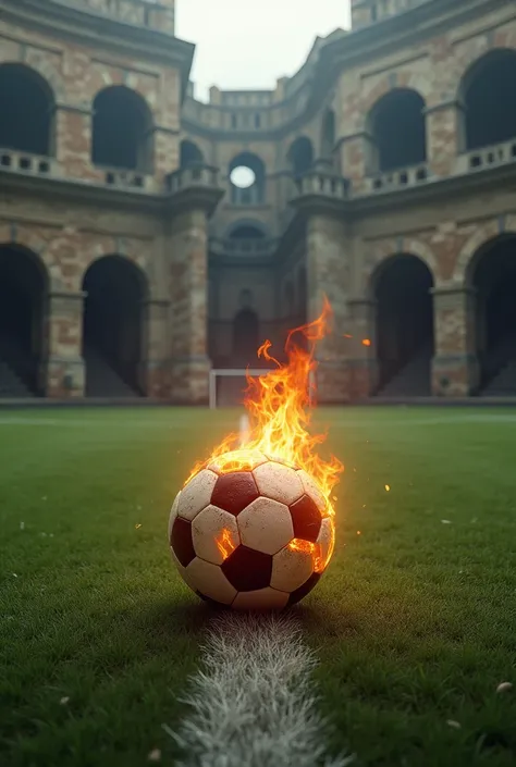 MEDIEVAL ATMOSPHERE, Coliseum, soccer field,  on the floor,  uma bola de futebol  em chamas sobre a linha divisória do soccer field . digital photo, 8k,   ultra detailed  , hyper realistic.  masterpiece . 