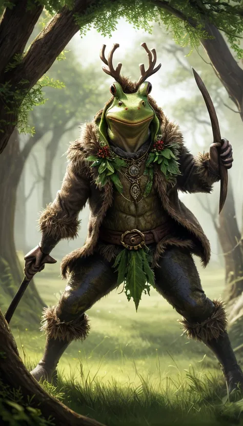 (masterpiece, best quality:1.2), Solitary, whole body, (Anthropomorphic frogs, hairy, Beast field), Curious, Simple background 1boy, solo, frog, red skin, scar on left eye, blind in left eye, no pants, branches wrapping around body, wreath of branches with...