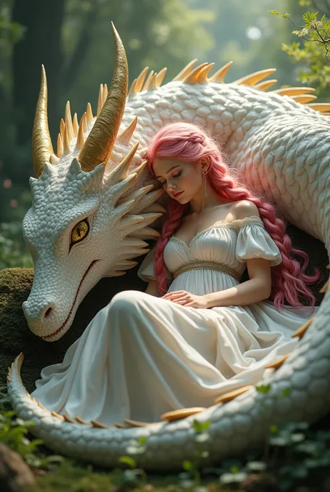 Une elfe, princesse guerrière vêtue dune robe courte delfe fluide en voiles.
Ses cheveux roses tressés volent dans lair. 
A ses côtés son puissant dragon.
Les écailles du dragon sont luisantes.
Le dragon est de couleur blanc et or.
Ses grands yeux roses ex...