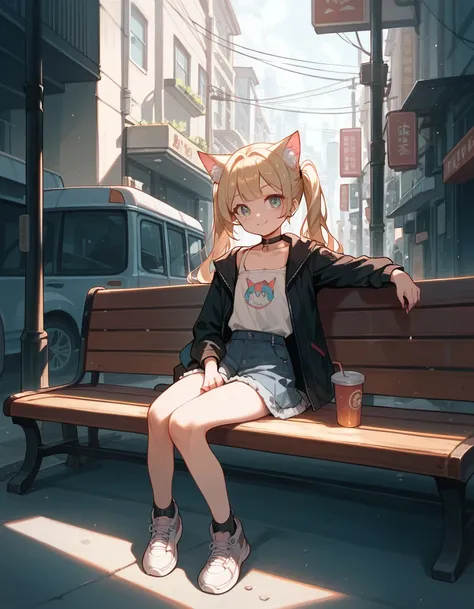 (Masterpiece), (best quality), (high quality), Anime, perfection, dark street, focus on girl, 1girl, sitting on bench, cat girl, young, cute girl, choker, best quality shadows, highest resolution, 4k