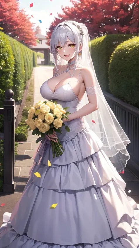 masterpiece, best quality, highres, girl, looking at viewer, Vali Lucifer, High School DxD, White hair, yellow Eyes, large breasts, wedding Dress, standing, garden, confetti, holding bouquet, smile, open mouth,