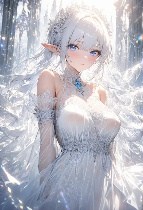 ((best quality)), ((masterpiece)), (detailed), (1 girl), Pointy ears, big breast, blue-silver long hair with delicate strands falling gently onto her face, bangs, blue-silver eyes, looking at the viewer, arms are behind her back, thigh highs, outdoor backg...