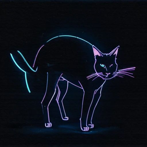  Make me, Please, an origami cat with the watercolor technique on a black paper background, neon lines  