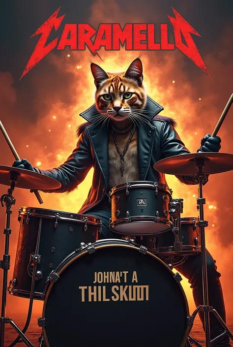 Create an epic image for , you could create an epic poster that is striking . Heavy Metal style advertisement that contains this description .

---
We are looking for a Cat dressed as a drummer for the band CARAMELLO MARSHMALLOW!

Do you have what it takes...