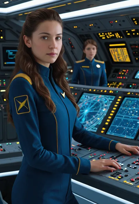 a mathematics student, (female), 25 year old, european, brown hair, hyperrealistic, ultrahd, 4k, on the command bridge of the starship enterprise