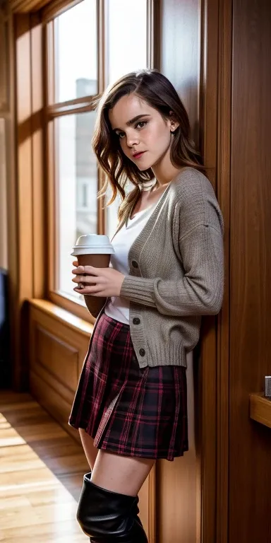 Emma Watson,  inside the house, portrait, a 25 year old woman holding a cup of coffee, cardigan preto de malha cropped, arm:1, dark red narrow skirt with black plaid pattern, black suede knee high boots, Standing Close to an Office Window 