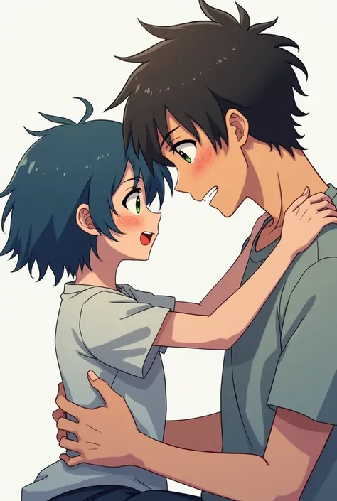  Draw in anime style a short boy with shoulder-length hair in blue,  green eyes and light brown skin next to an older man with black hair , reddish brown eyes and light brown skin , that they are sexually treating each other 