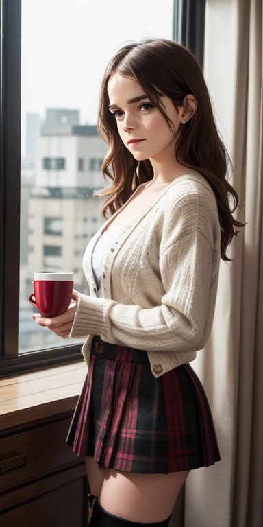 Emma Watson,  inside the house, portrait, a 25 year old woman holding a cup of coffee, cardigan preto de malha cropped, arm:1, dark red narrow skirt with black plaid pattern, black suede knee high boots, Standing Close to an Office Window 