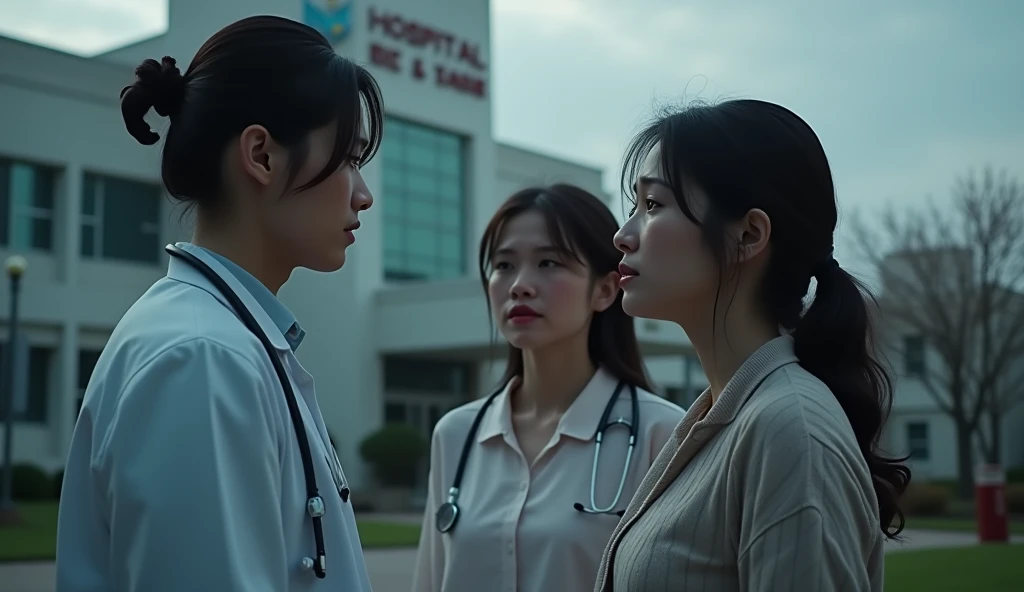 2 crying women talking to a male doctor in front of a hospital 