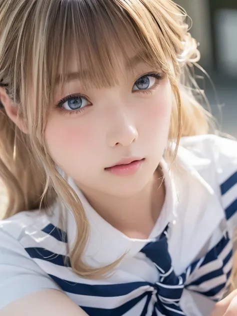 (table top:1.4, Photoreal:1.4, 8K), highest quality, masterpiece, ultra high resolution, perfect dynamic composition, big face、round face、((platinum blonde, long hair, curl inside hair))、Highly detailed skin and facial textures:1.3, Detail of limbs, 1 girl...