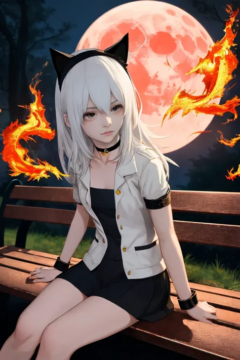 absurdres high res, ultrasharp 128k, masterpiece, 1girl, white hair with a headband, battle mage, shy,  muscular, Magic, Fighting position, red moon, Her right arm is made of flames, Teen,(Masterpiece), (best quality), (high quality), Anime, perfection, da...