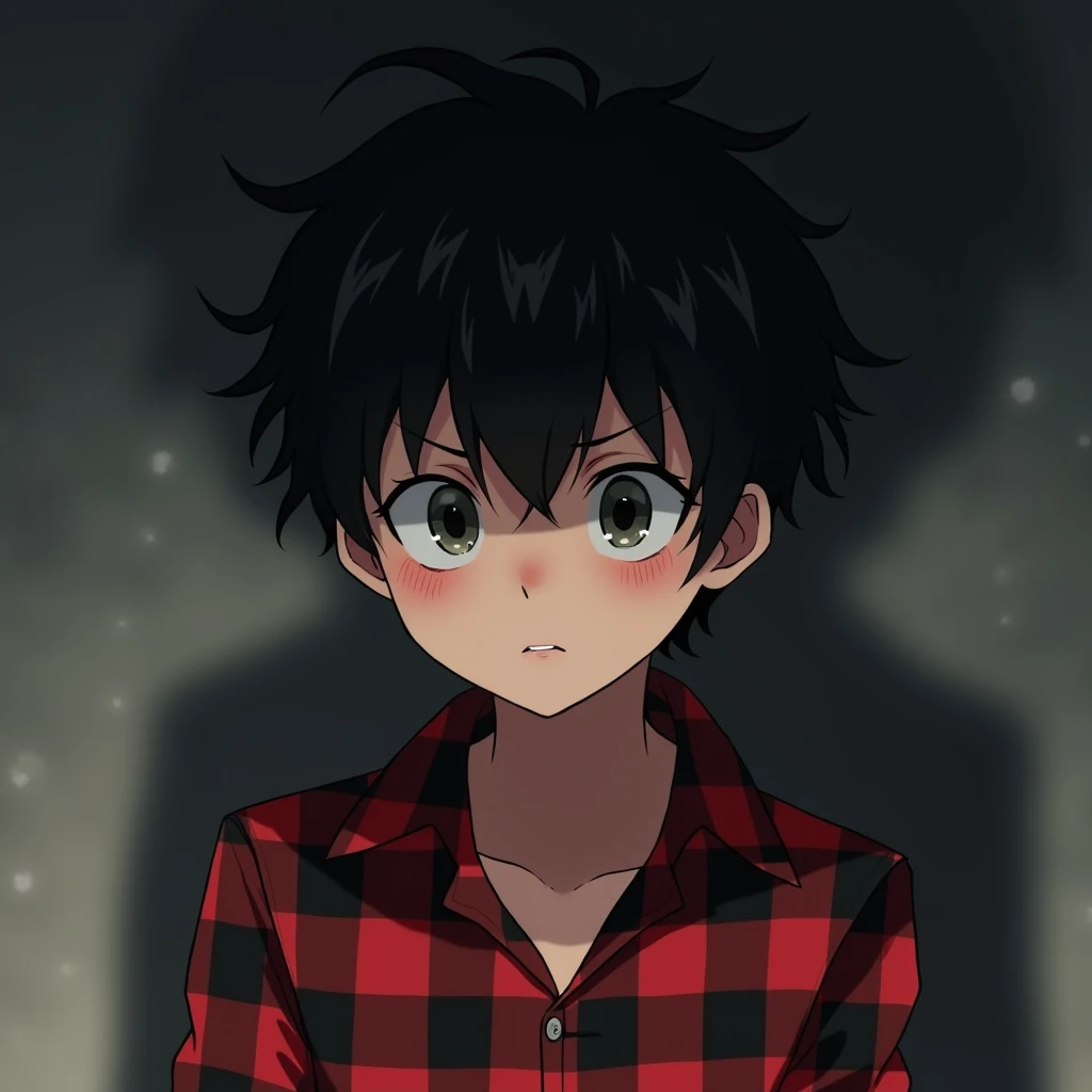  realistic anime boy with red and black checkered shirt,  black hair and lenses , Short boy,  a shadow haunts him and he is scared of fear and is seen trying to look back, But only his face is focused 