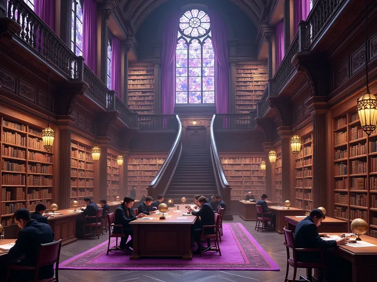 A majestic library with tall shelves filled with meticulously arranged modern and ancient books, where knowledge and wisdom can be felt in every corner. The space is illuminated by soft light emanating from hanging lamps with details in gold and violet ton...