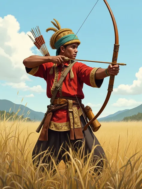 portrait (9:16) Illustrate a photorealistic image of a Malaysian man attired in complete Malay clothing. He is engaged in traditional archery with a tanjak and baju singkap, highlighting the graceful features of pakain bangsawan melayu under a bright sky.