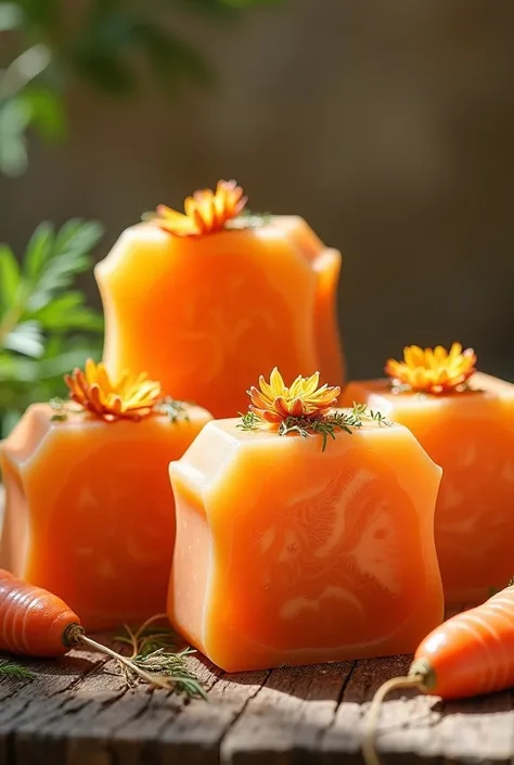 Des savons avec des fruits et des fleurs de carottes 