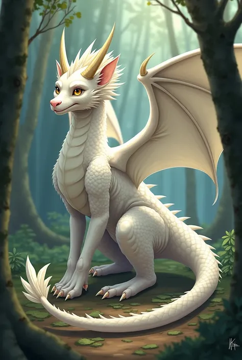 ((best quality)), ((good quality)), scalie, dragon, feral, quadruped, on all fours, thick thighs, tail, claws, solo, white body, ivory horns, ivory spikes, white scales, white wings, forest, outdoors, smile, yellow eyes, looking at viewer, long tail, thick...