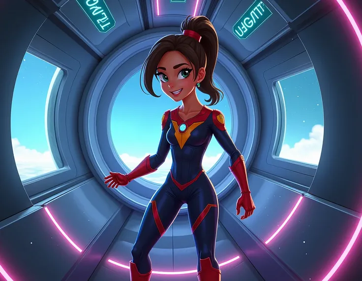 An animated superhero girl in her galactic ship 