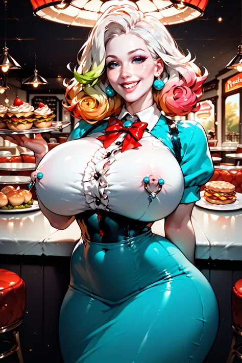 A beautiful female waitress serving food at a vintage restaurant, pearlescent gradient hair, pearlescent gradient eyes, very pale white skin, freckles, large breasts, covered large erect nipples, nipple piercings, tiny waist, hyper-massive hips, friendly s...