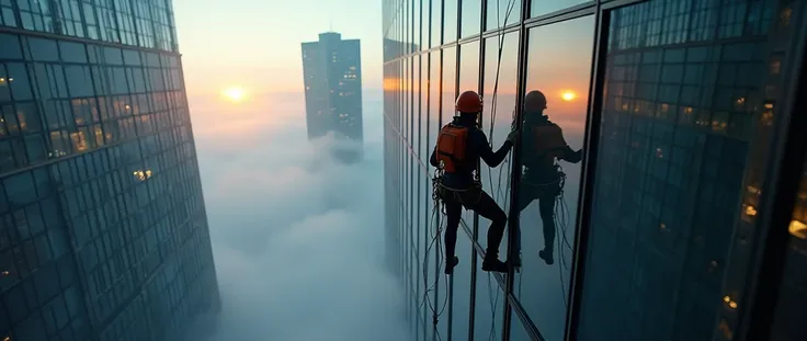 stunning professional photo masterpiece of a suspended access worker  working  cleaning the exterior windows on the high rise skyscraper, atmospheric view, vertigo perspective,  immersive, excessively realistic textures, vivid colors, pure black deep shado...