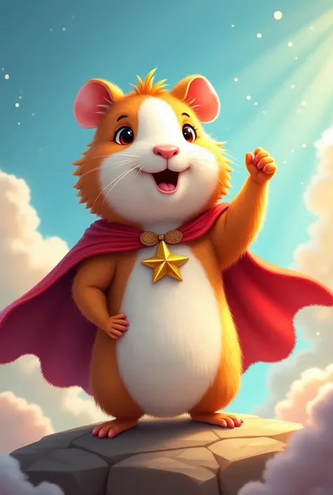 a guinea pig wearing a cape and raising its arm with its thumb up