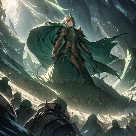 elf army, leather armor, battle scene, cinematic lighting, highly detailed, intricate details, epic fantasy, dramatic shadows, 8k, best quality, masterpiece, professional, Emerald cloak