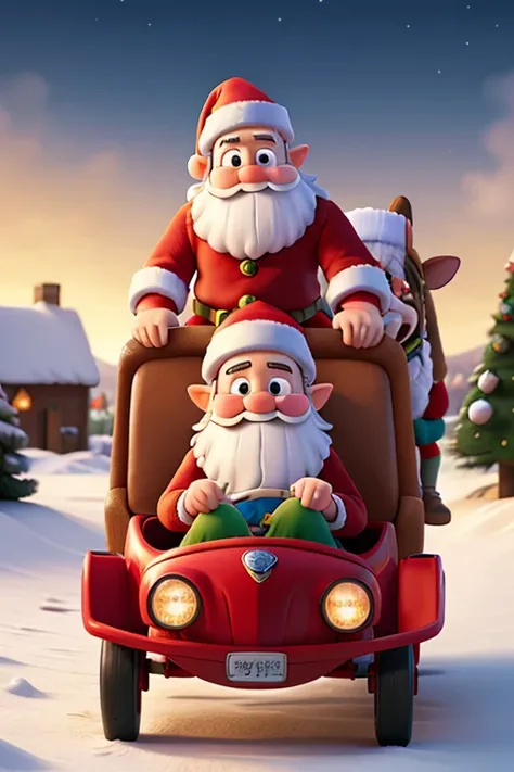 Santa Claus driving a sleigh truck with elf and reigndeer 