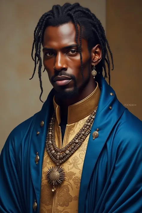 Un noir : grand yeux, jaunes. Regarde, personne air, vaillant, c’est un prince à bien tenue traditionnelle africaine la tenue bleue, il a de très beaux yeux, il a d’une beauté à couper le souffle. Ses cheveux sont des traits locks et ses cheveux sont attac...