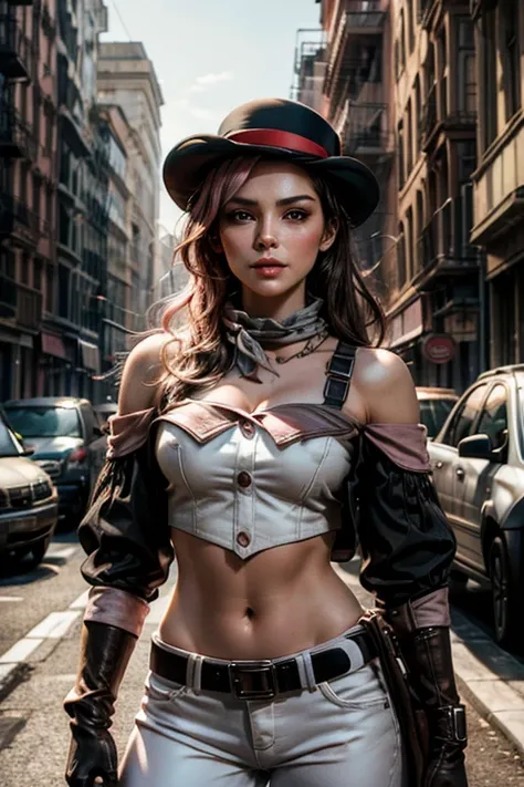 pink and brown hair, multicolored hair, neopolitanatlas, bowler hat, grey scarf, white gloves, white shirt, off-shoulder shirt, black sleeves, midriff, white belt, white pants, outdoors, post apocalyptic scene, future urban, cityscape, buildings in ruins, ...