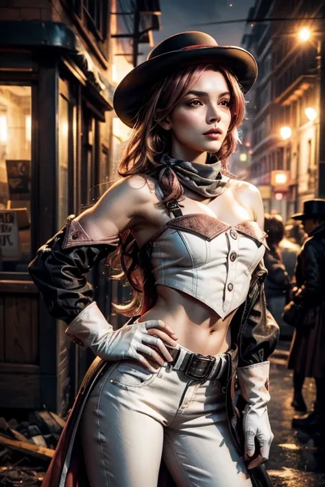 pink and brown hair, multicolored hair, neopolitanatlas, bowler hat, grey scarf, white gloves, white shirt, off-shoulder shirt, black sleeves, midriff, white belt, white pants, outdoors, post apocalyptic scene, future urban, cityscape, buildings in ruins, ...