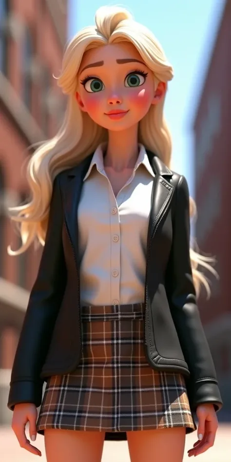 pixar 3d resin princess elsa style in college with aesthetic clothing, plaid mini skirt, with white shirt and tie, and black jacket, and with long loose hair