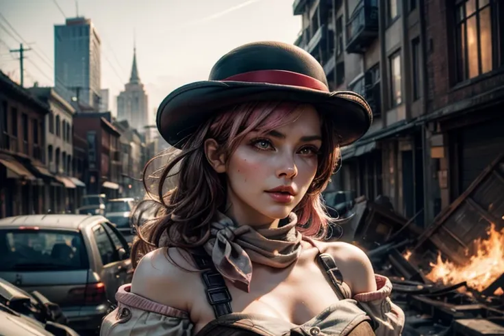 pink and brown hair, multicolored hair, neopolitanatlas, bowler hat, grey scarf, white gloves, white shirt, off-shoulder shirt, black sleeves, midriff, white belt, white pants, outdoors, post apocalyptic scene, future urban, cityscape, buildings in ruins, ...