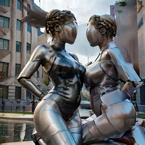 Gigantess twins， full body photo ，GTSCity,,  big breasts，(long legs:1.2), Extremely tall girls ， Beautiful appearance ， no branding ， perfect lighting ，cinematic quality，8k, high quality,(GTS:1.5),  sitting on building ,  shrunk people run away in panic, p...