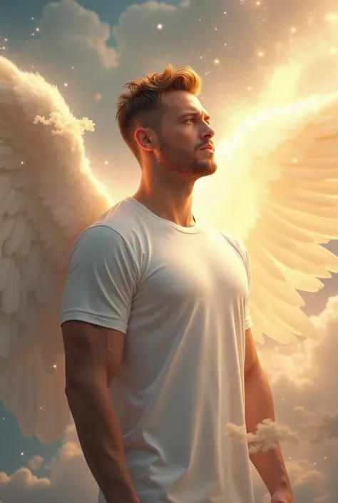  angel powerful man with sparkles, white t-shirt surrounded by clouds , profile 