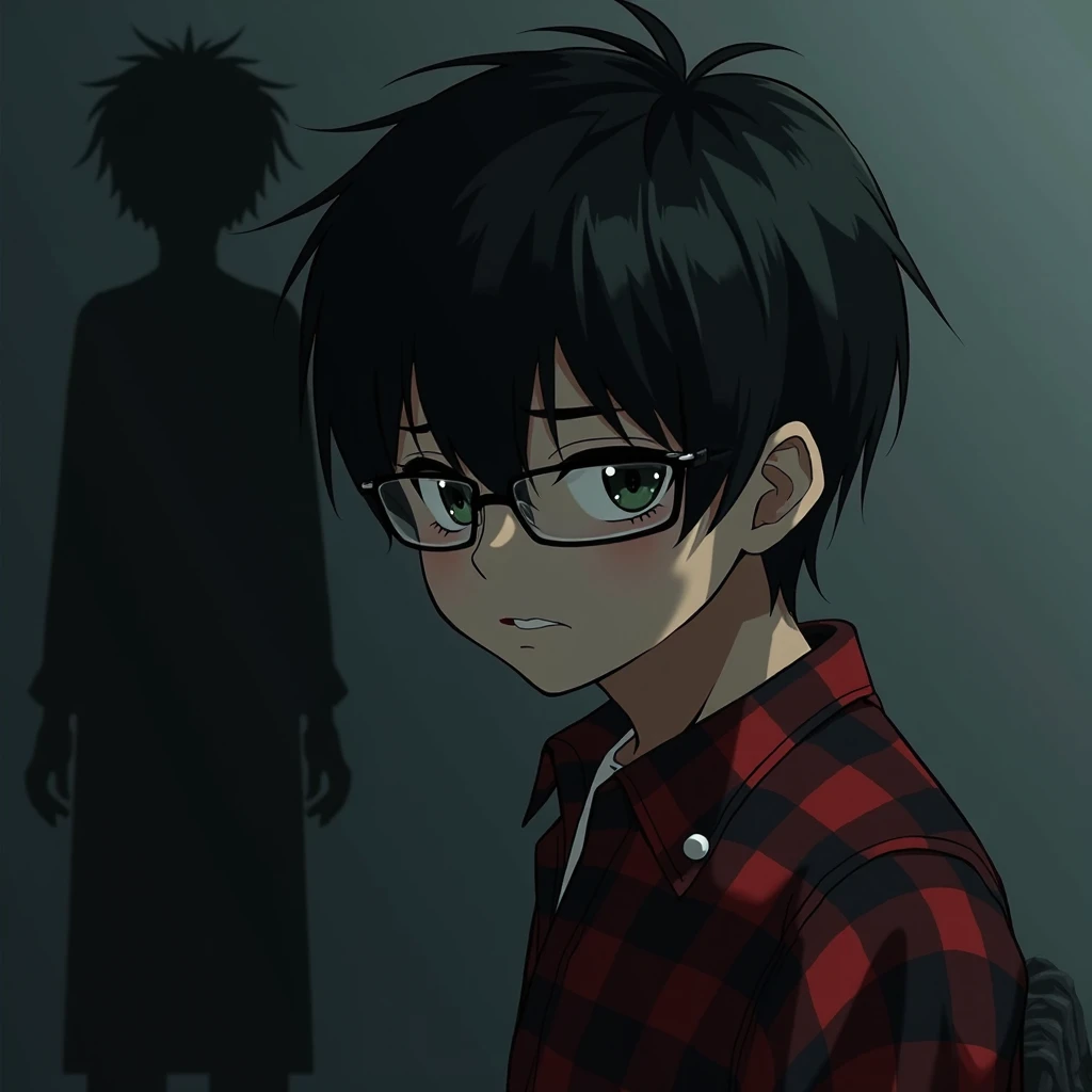  realistic anime boy with red and black checkered shirt,  black hair and lenses , Short boy,  a shadow haunts him and he is scared of fear and is seen trying to look back
