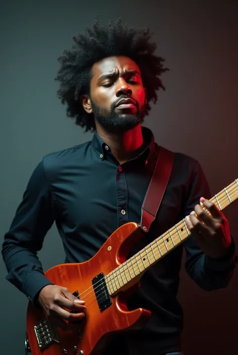   A montage showing a black man with black hair on one side,  with his frustrated expression and his telemarketing agent look, And on the other side the clone of that same man ,  looking more confident and confident , Playing guitar and singing,  but with ...