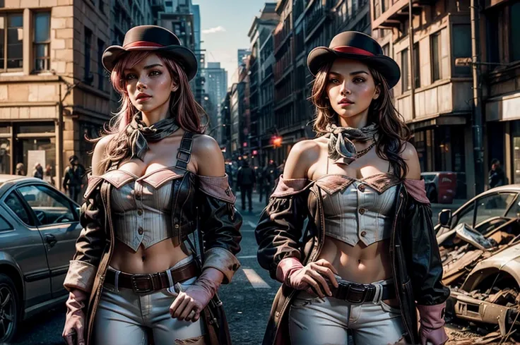 pink and brown hair, multicolored hair, neopolitanatlas, bowler hat, grey scarf, white gloves, white shirt, off-shoulder shirt, black sleeves, midriff, white belt, white pants, outdoors, post apocalyptic scene, future urban, cityscape, buildings in ruins, ...