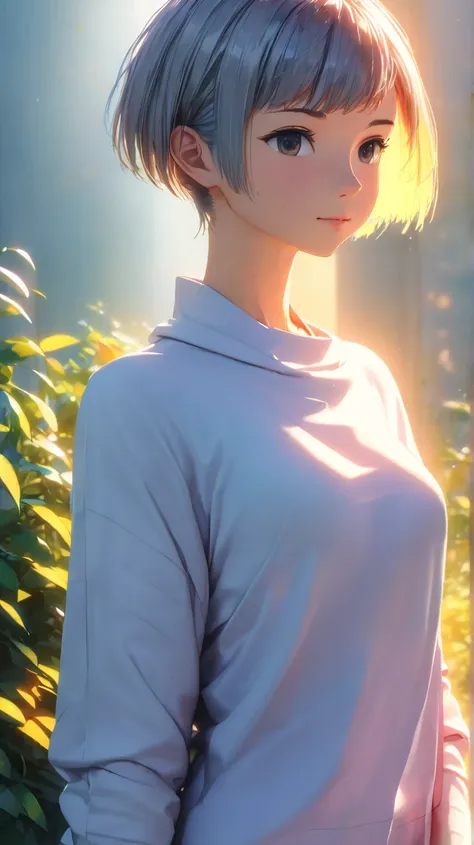 1gir, animation style, crisp details, tall, mature slim body, sharp focus, Perfect Anatomy, soft natural lighting, vibrant colors, (8k, best quality, masterpiece:1.5), short, slightly tousled light gray hair with a faint bluish tint, sleek and casual hairs...