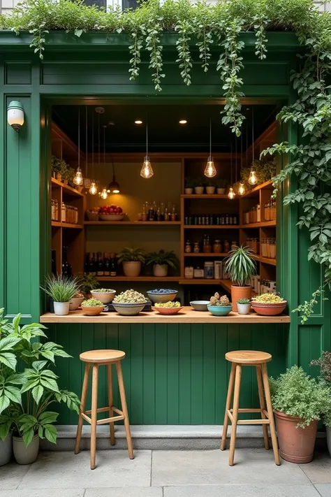 a local that sells prepared meals in bowls, the local is green