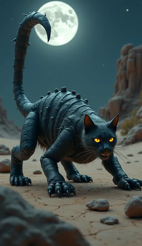 Hybrid monster of Cat and Scorpion, the creature is crouched in a ready-to-pounce stance, its body a mix of sleek, muscular feline features and the deadly, segmented tail of a scorpion, the tail is long, thick, and tipped with a venomous stinger, while its...