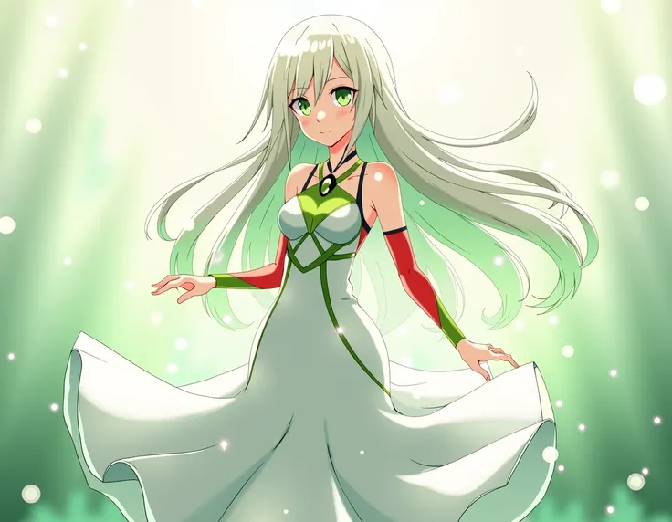 An anime-style character that is an attractive girl with elegant and graceful features. She wears a flowing white dress that hugs her figure, with green and red accents on the bodice and skirt that mirror the colors of Gardevoir. The dress has a fluid, eth...